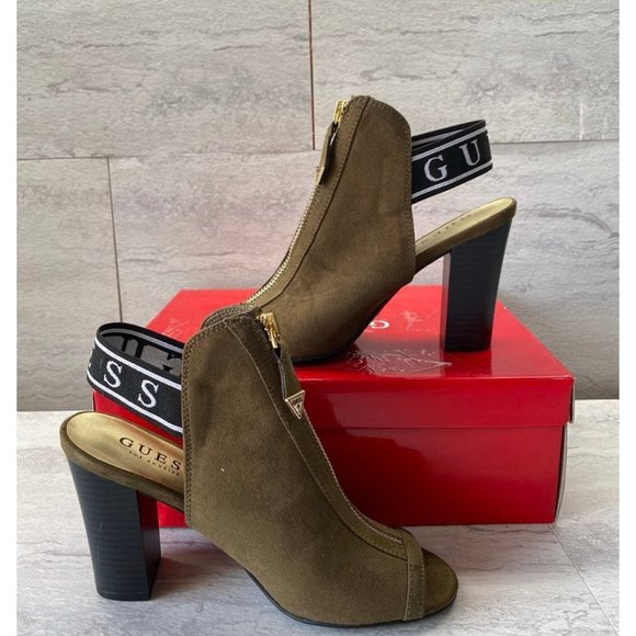 Guess Suede Peep Toe Heeled Booties Olive Green - Picture 2 of 6